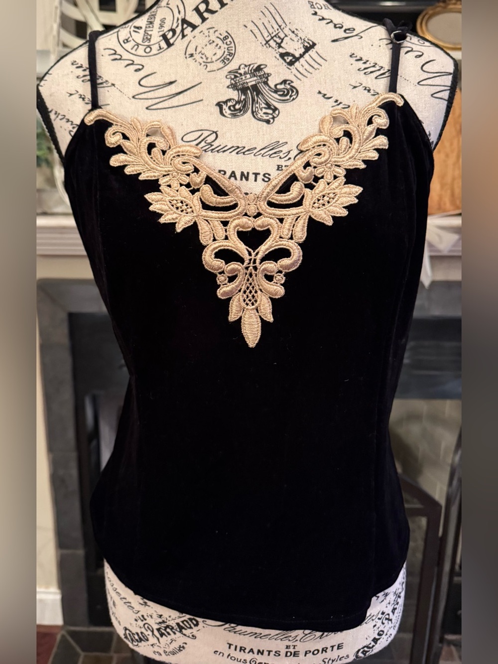 VTG Sophia Delicates Black Velvet Camisole Gold Embroidered Lace Trim Top Cami